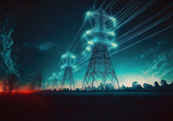 Electricity transmission towers with glowing wires against blue